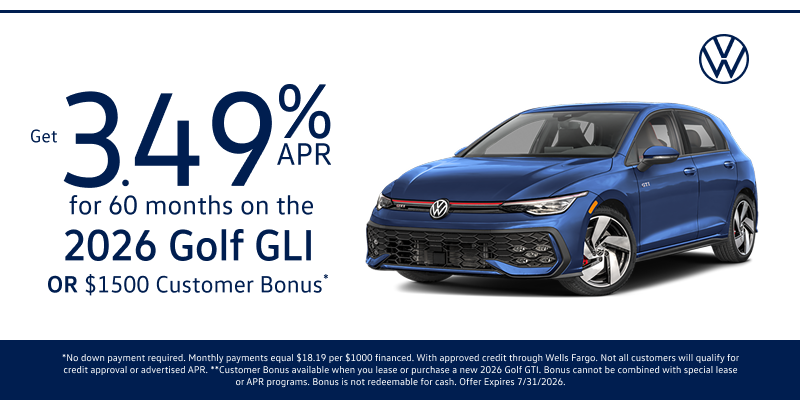 Get 3.49% APR for 60 months on the 2026 Golf GTI OR $1500 Customer Bonus*