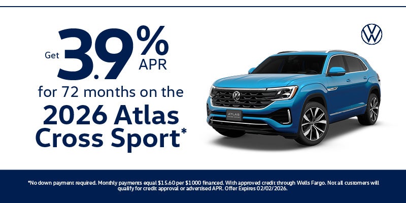 Get 3.9% APR for 72 months on the 2026 Atlas Cross Sport*