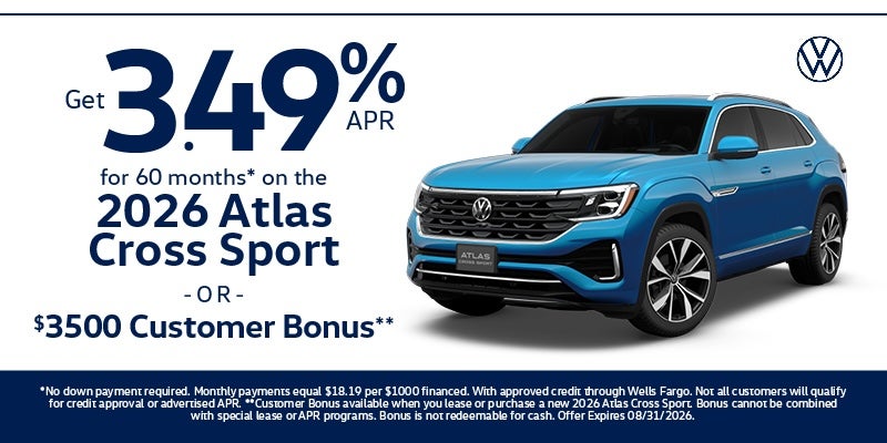 Get 3.49% APR for 60 months on the 2026 Atlas Cross Sport