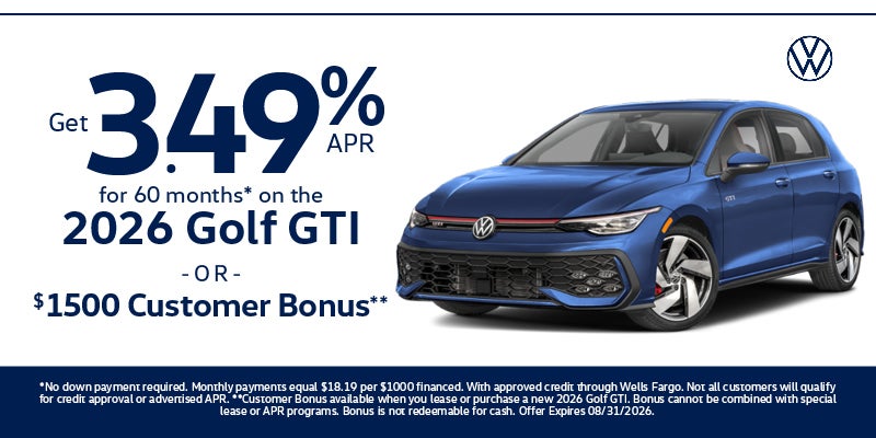Get 3.49% APR for 60 months on the 2026 Golf GTI